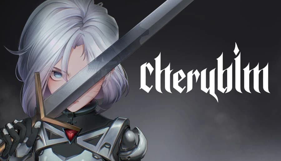 Cherubim: White-haired armored woman holds a sword across her face beside gothic title on dark gray backdrop.