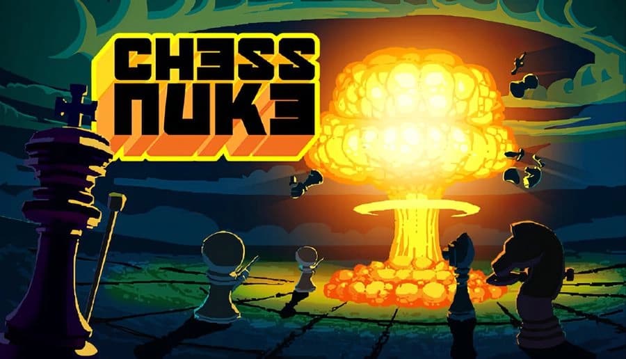 Chess Nuke: Giant mushroom cloud behind silhouetted chess pieces on board, glowing orange sky and smoke plume.