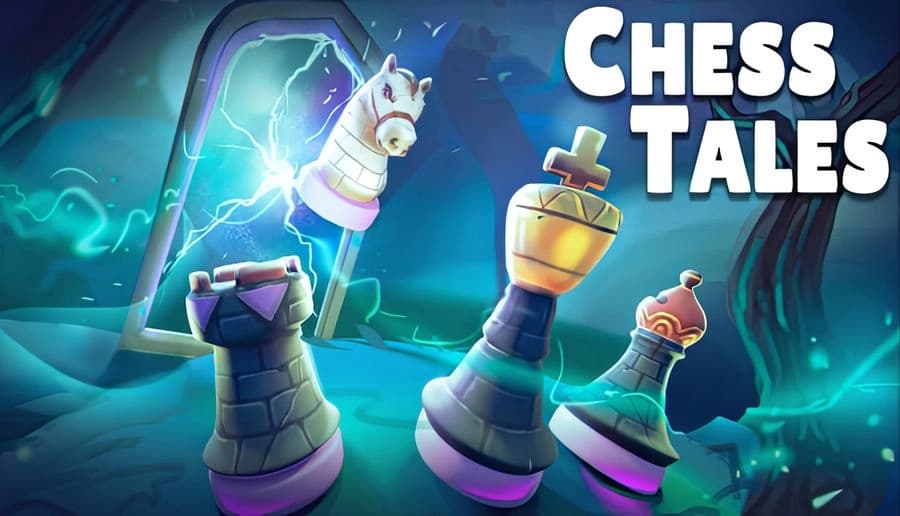 Chess Tales: Chess rook raises glowing knight piece as bishop and king tilt in blue-lit cave with green mist.