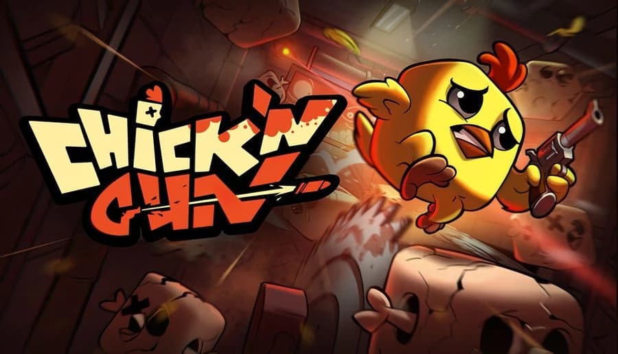 Chick N’ Gun: yellow chick fires a pistol while leaping past spiked metal walls in a dark red factory corridor.