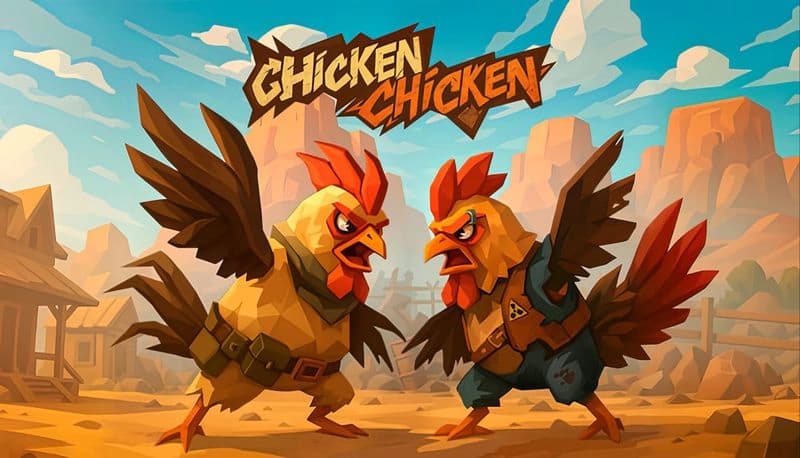 Chicken Chicken Demo: Two armored chickens face off in a wild west town, wings raised aggressively under a bright blue sky.