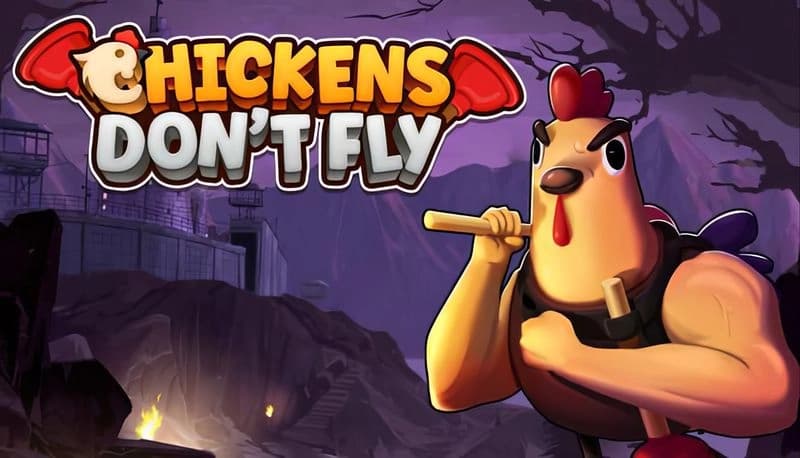 Chickens Don't Fly: Muscular rooster with plungers stands confidently in front of dark, industrial backdrop with fire.