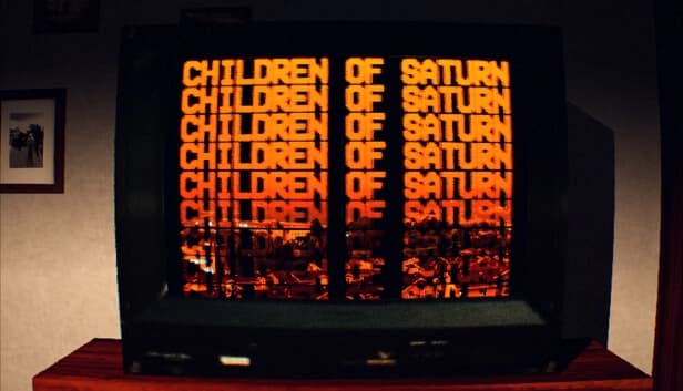 A vintage TV shows repeated orange text over a blurred cityscape. A black and white photo is framed on the left wall.