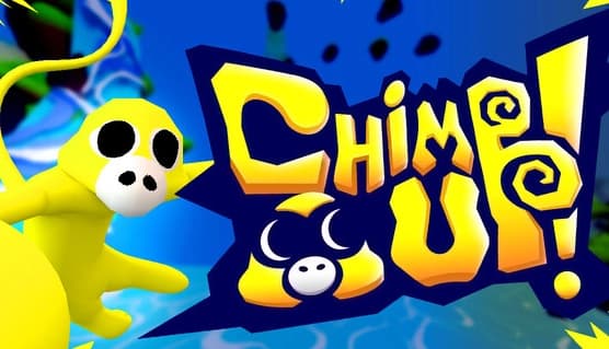 ChimpUP!: Bright yellow monkey swinging on vines in a vivid jungle with bold game title, creating a lively adventure scene.