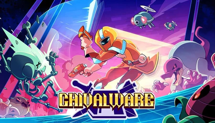 Chivalware: armored fighter lunges with sword at spiky robot foes on neon grid battlefield under pink sky.