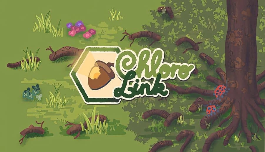 ChloroLink: Lush forest floor with vibrant plants, scattered logs, and giant tree roots set the scene for cozy exploration.