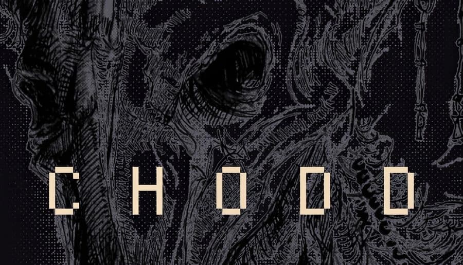 Chodd: Close-up of a rugged elephant head in dark, sketchy style against a dotted black background with chains.