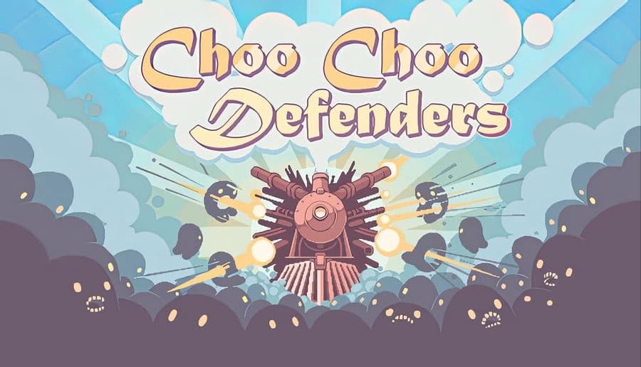 Choo Choo Defenders: armored steam locomotive firing twin cannons at shadow monsters, pastel sky above mountains.