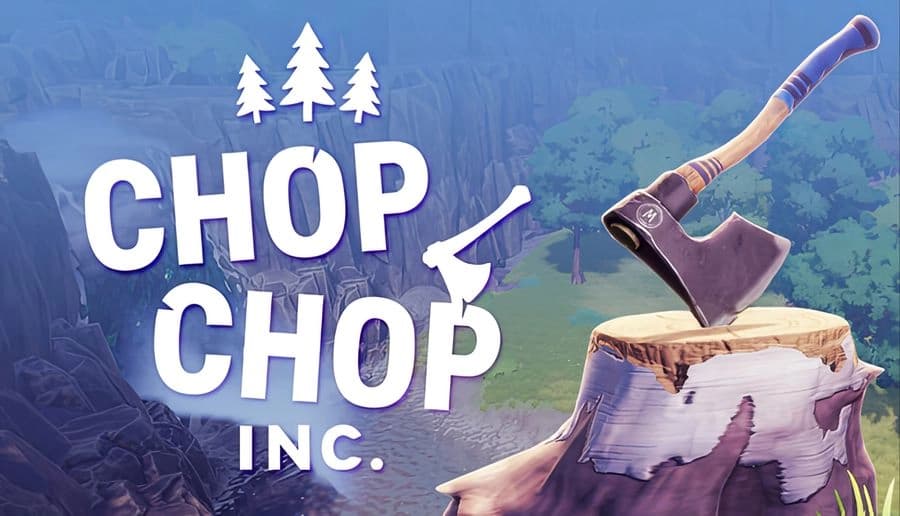 Chop Chop Inc.: Axe embedded in a tree stump beside tall grass, overlooking a misty forest valley at dawn.