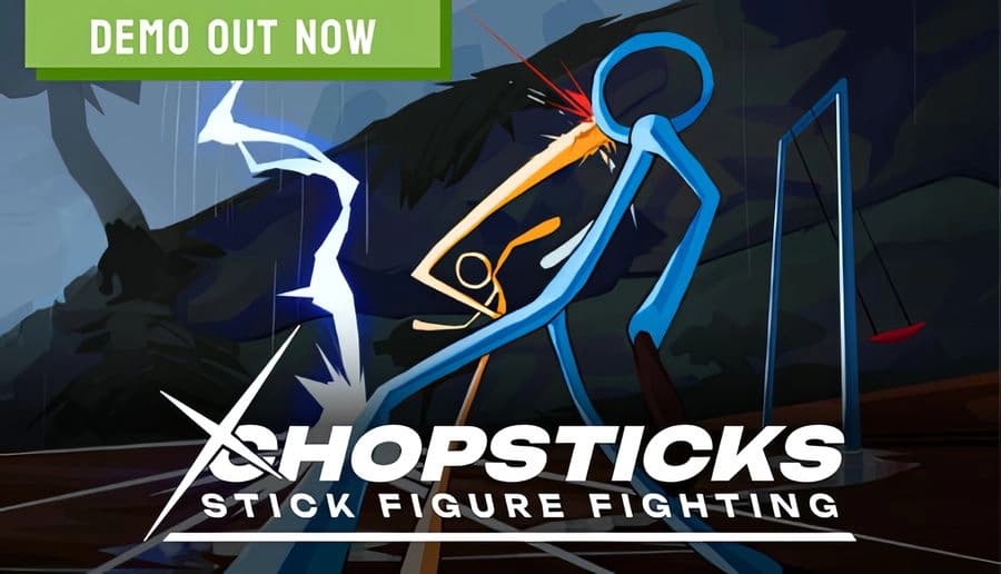 CHOPSTICKS: Blue stick figure slashes at black stick figure with sparks and lightning on a rocky battlefield at dusk.