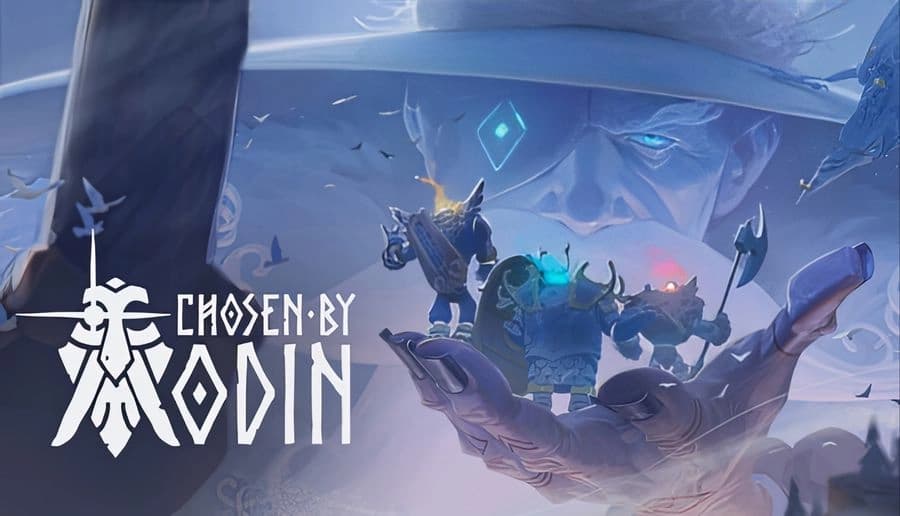 Chosen by Odin: Viking warriors fight armored foes with glowing weapons on icy plains beneath a giant face in sky.