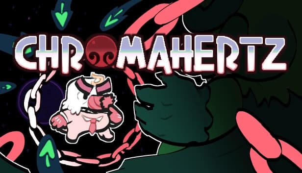 Cartoonish pink and white creature with a chain around them, surrounded by arrows and dark shapes.