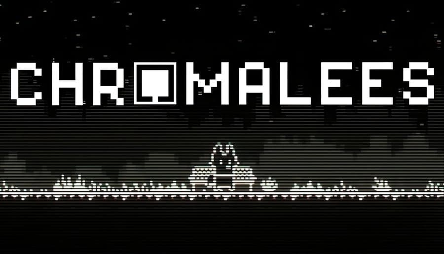 CHROMALEES: Pixel art fox stands amid white flowers before a ruined castle on a dark island under glitchy sky.