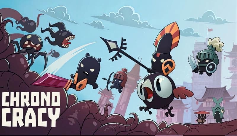 Chronocracy: Cartoon knights riding creatures battle black monsters in a fantasy landscape with towers and swirling clouds.