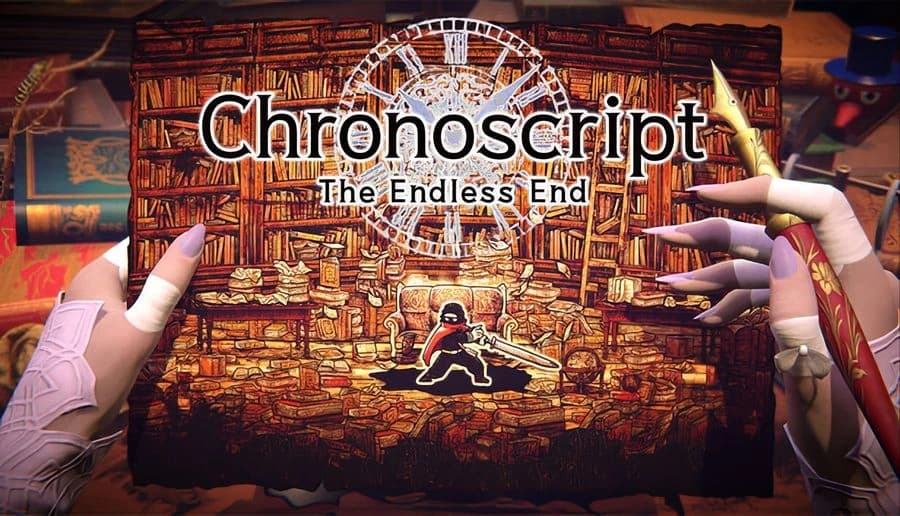 Chronoscript: Gloved hands hold a glowing storybook showing a red-cloaked figure in a brick hall on a desk.