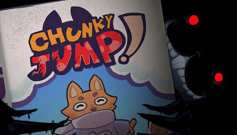 Chunky JUMP!: A cartoon cat wearing a scarf stands on a book cover, surrounded by dark claws and glowing red eyes.