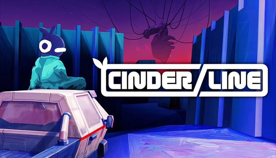 Cinderline: bird-headed driver stands on a car roof facing neon-blue ruins under a purple sky with logo sign.
