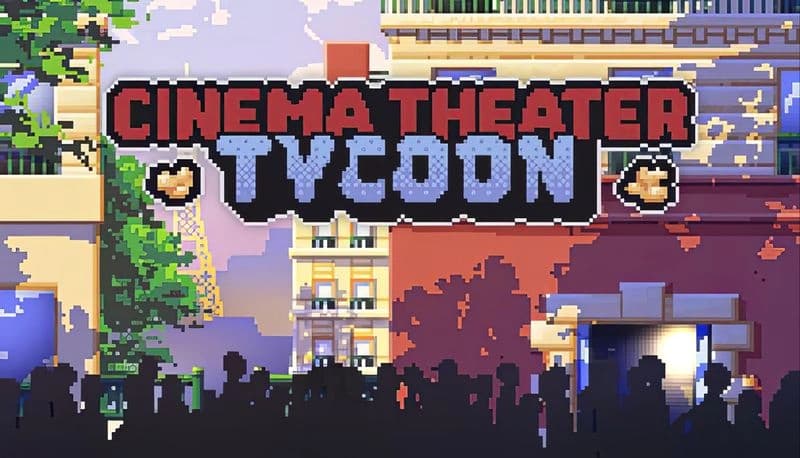 Cinema Theater Tycoon: Pixelated cityscape with cinema sign, silhouetted crowd gathers below vibrant urban buildings.