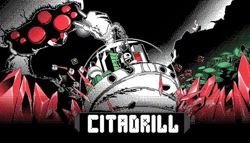 CitaDrill: Giant robotic drill penetrates crystal cave with lush greenery, emitting debris. Retro sci-fi visuals dominate.