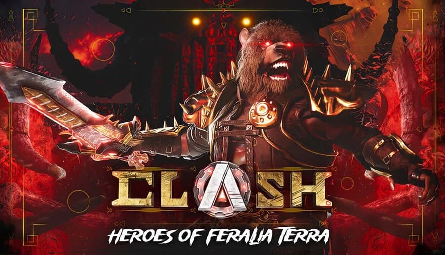 CLASH: armored bear-headed warrior raises giant sword, glowing eyes in red cosmic battlefield with runes and sparks.