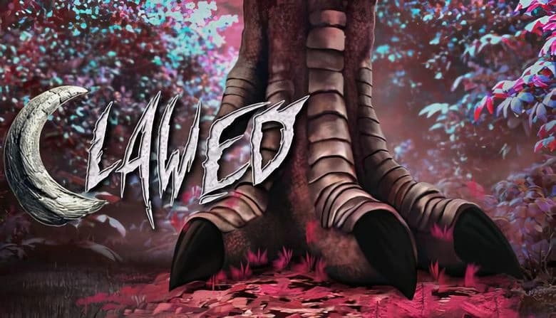Clawed: Massive brown dinosaur claw rests in a lush forest with pink foliage and soft light filtering through trees.