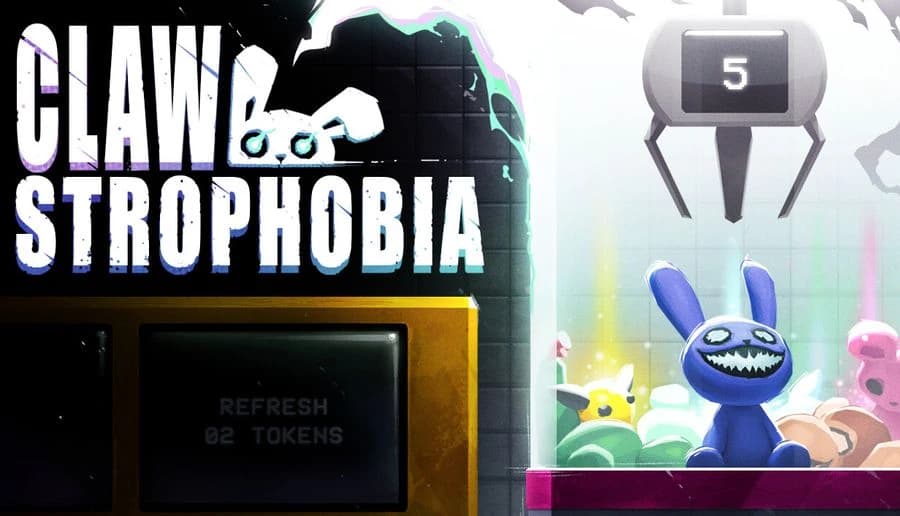 CLAWSTROPHOBIA: claw machine display with blue plush rabbit and toys under a claw in a bright arcade cabinet.