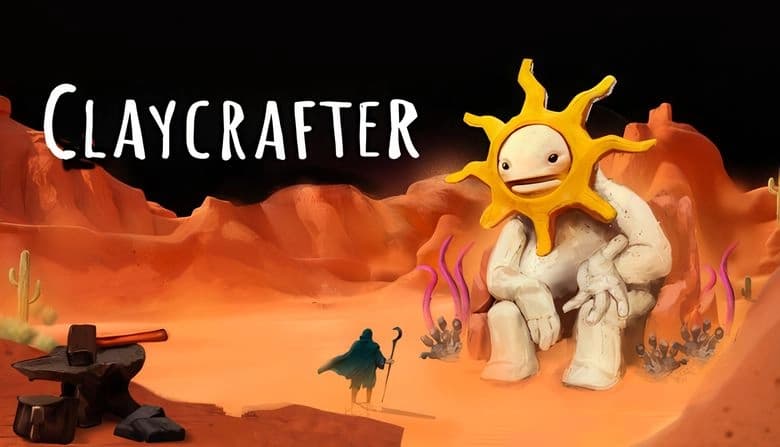 Claycrafter: Hooded figure with staff nears giant smiling sun creature in clay desert with red rocks and anvil nearby.