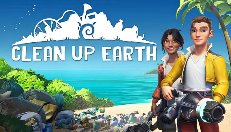Clean Up Earth: Two young adults with vacuums clear trash on a tropical beach, with palm trees and ocean in the backdrop.
