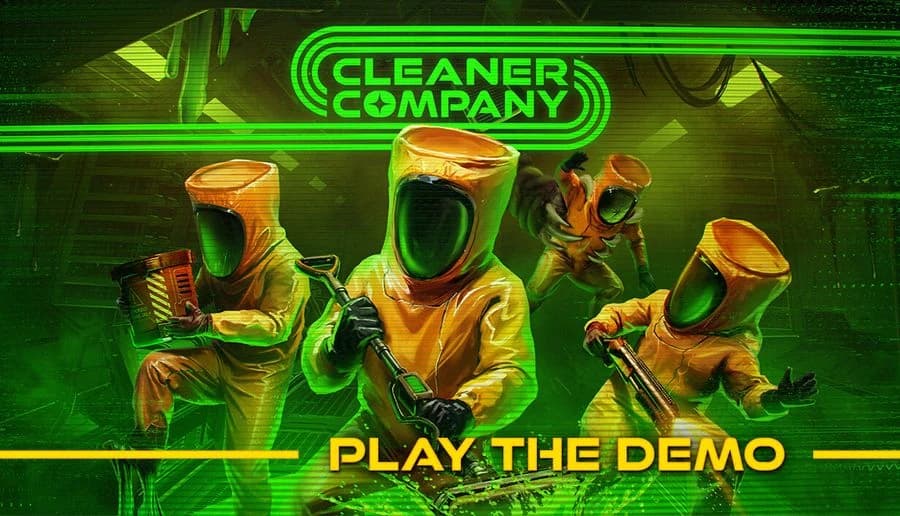 Cleaner Company: two hazmat-suited cleaners hold rifles amid green glow, with sci-fi panel lines in background.