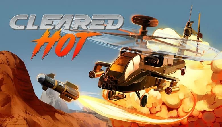 A black helicopter fires a missile in a desert landscape with rocky cliffs and a bright explosion; rotors blur with speed.