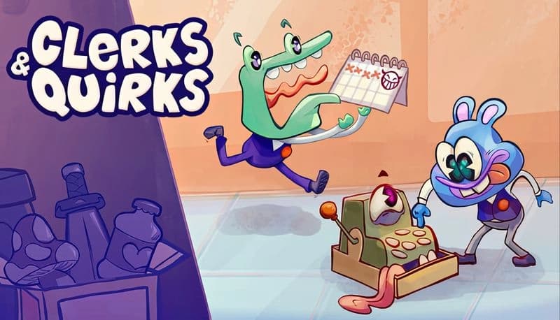 Clerks and Quirks: Frog man jumping with receipt, blue creature using quirky cash register, bottles on shelf in background.
