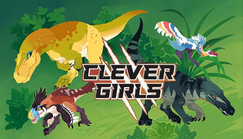 Clever Girls: Four vibrant dinosaurs, including yellow t-rex and colorful bird-like ones, explore lush green jungle setting.