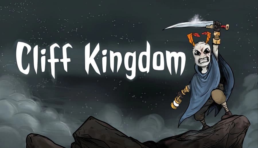 Cliff Kingdom: bearded man with raised scimitar stands on jagged cliff rocks under stormy gray clouds at night.