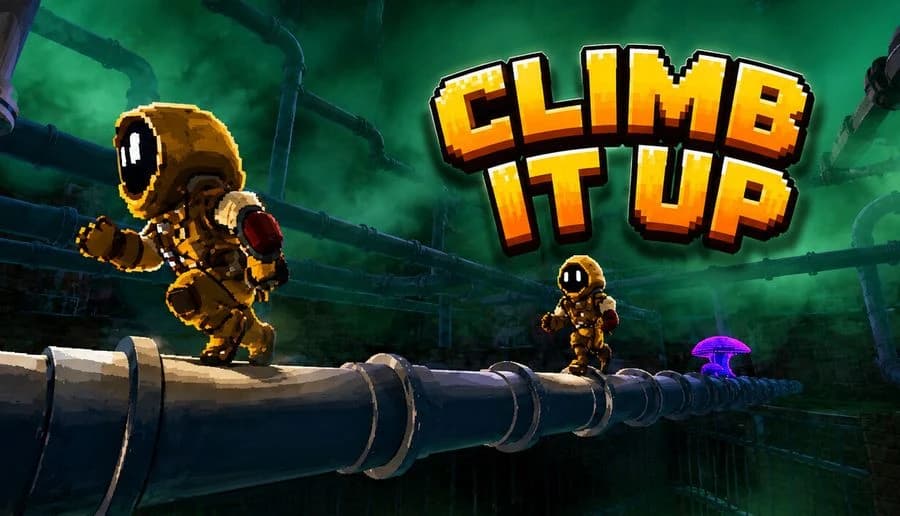 Climb It Up: two hooded figures with glowing eyes hang on a stone wall beside giant yellow title letters on teal fog.