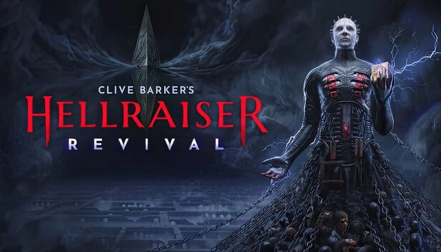 Clive Barker’s Hellraiser: Pinhead holds a glowing puzzle box under crackling lightning in a dark stormy sky.