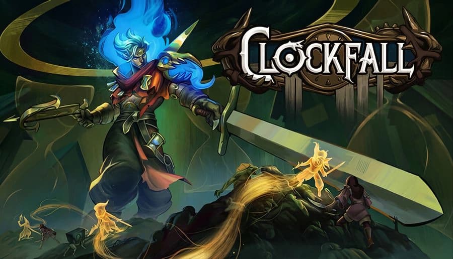 Clockfall: Blue-haired armored warrior with glowing sword and shield stands over foes in a green-lit dungeon hall.