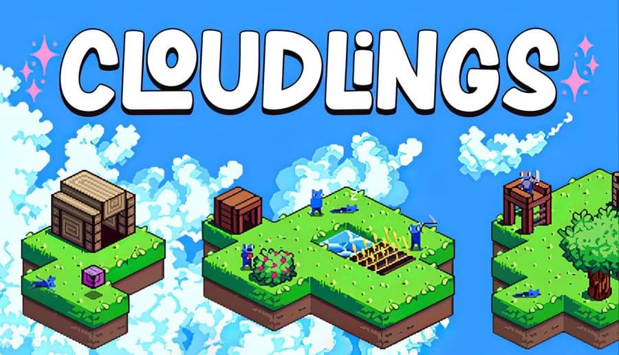Cloudlings: three floating grass islands with huts, pond, crops, fences, trees, rocks, and tiny creatures in clouds.