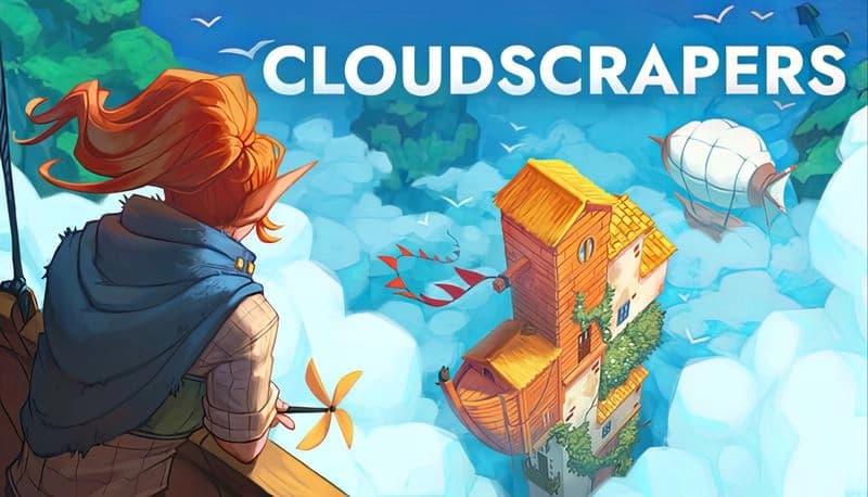 Cloudscrapers: Elf woman overlooks floating building with sails among clouds, holding small propeller in vibrant sky.