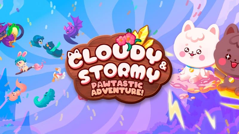 Cartoon cats sit on clouds amid colorful floating creatures, vibrant sky, and playful lightning.