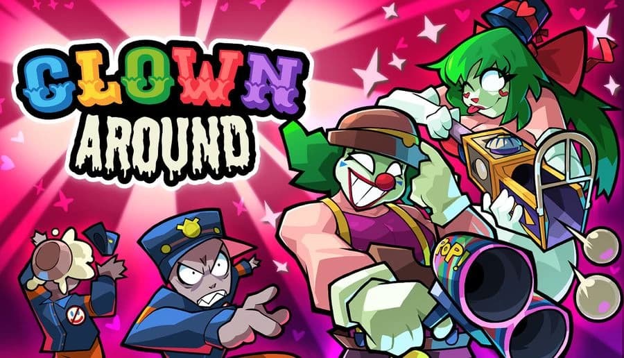 Clown Around: Cartoon clown aiming a cannon as police and a green-haired girl chase amid pink starburst backdrop.