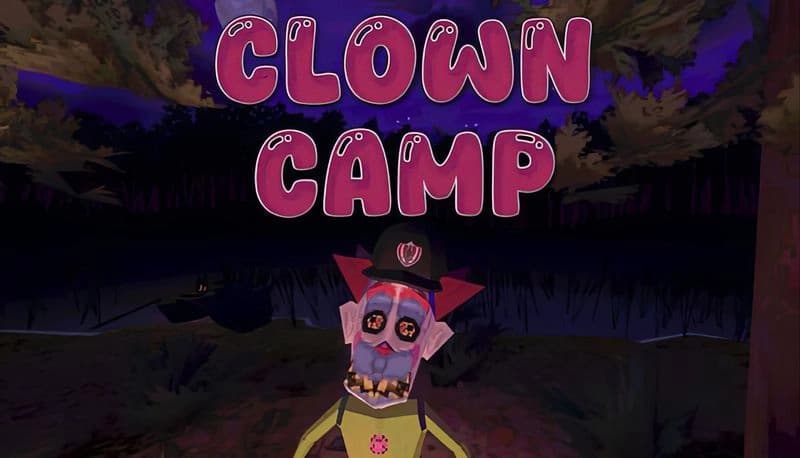 Clown Camp: Creepy clown with red spiky hair in dark woods at night, wearing hat under purple sky surrounded by dense trees.