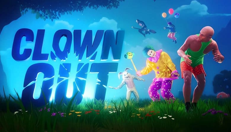 CLOWNOUT: Clown with mallet dances with rabbit, while bald man dodges in meadow. Two clowns float with balloons and broom.