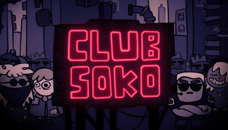 Neon-lit nightclub entrance with diverse young adults in stylish outfits. A bouncer in shades and headset stands ready.