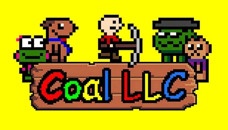 Pixel art characters include a dog, a frog, a man with a pickaxe, a green humanoid, and a woman. They stand on a wooden sign.