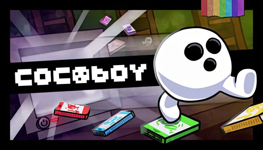 COCOBOY: White round ghost leaps from green cartridge among scattered game carts on wooden floor, striped backdrop.