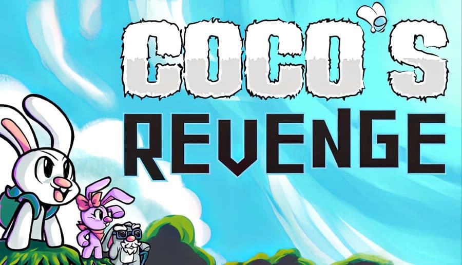 Coco’s Revenge: white bunny raising a fist beside small purple rabbit and blue cat under cloudy sky backdrop.