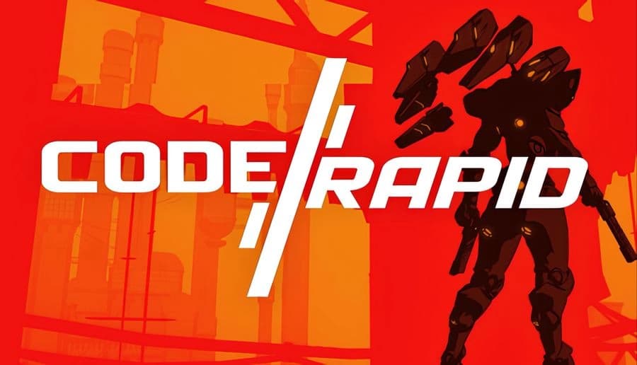 Code RAPID: Black combat mech holding a rifle stands on red-orange industrial platform with cranes and scaffolds behind.
