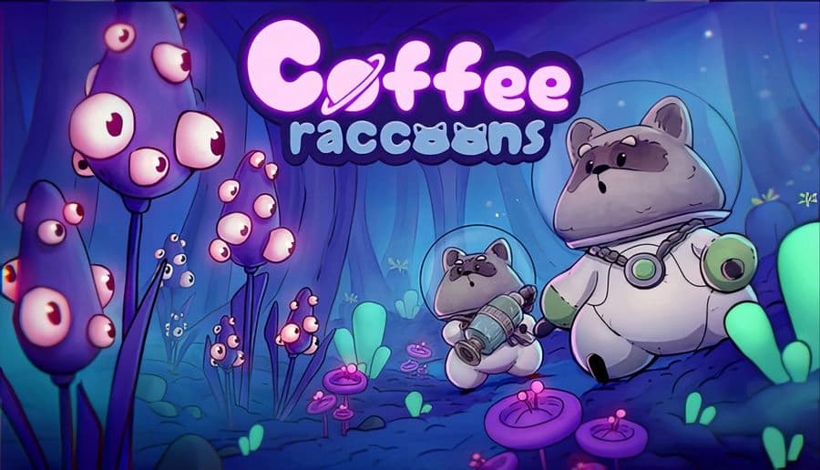 Coffee Raccoons: Two raccoon astronauts with headsets stand in a neon alien forest beside glowing eyeball plants.