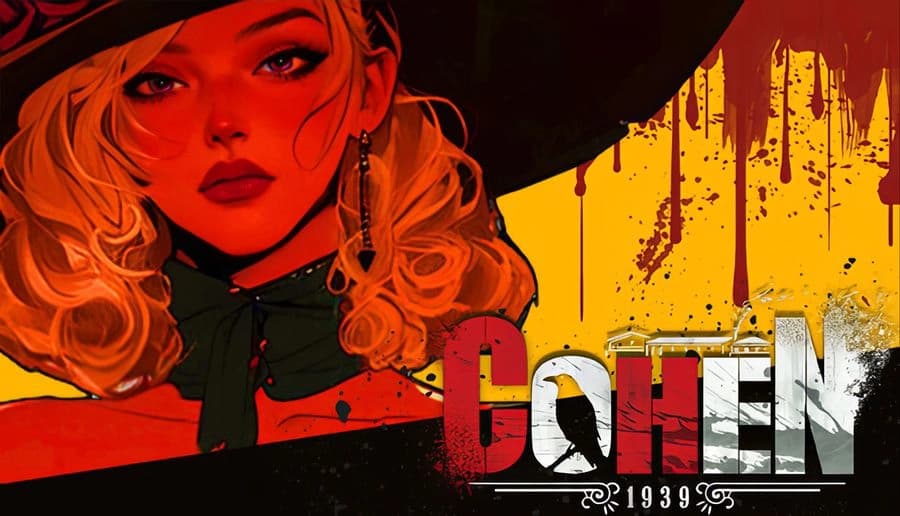 Cohen 1939: Blonde woman in wide-brim hat and black scarf beside dripping blood splatter on yellow backdrop.