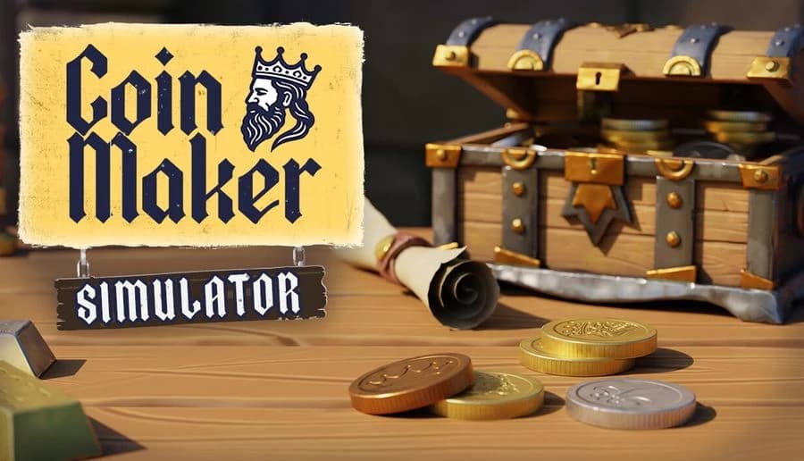 Coin Maker Simulator: stacks of gold coins and a silver coin on wooden table beside scroll in treasure room.